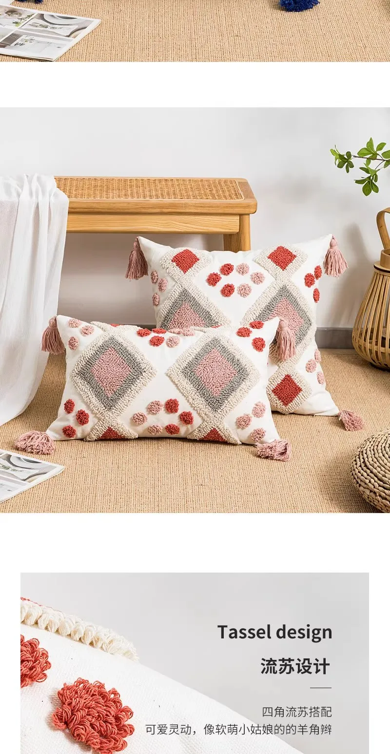 Boho Loop Tufted Kissenbezug, Baumwoll-Canvas, handgefertigter Quasten-Kissenbezug, dekorativer ethnischer bestickter Home-Decor-Kissenbezug – Detail 7