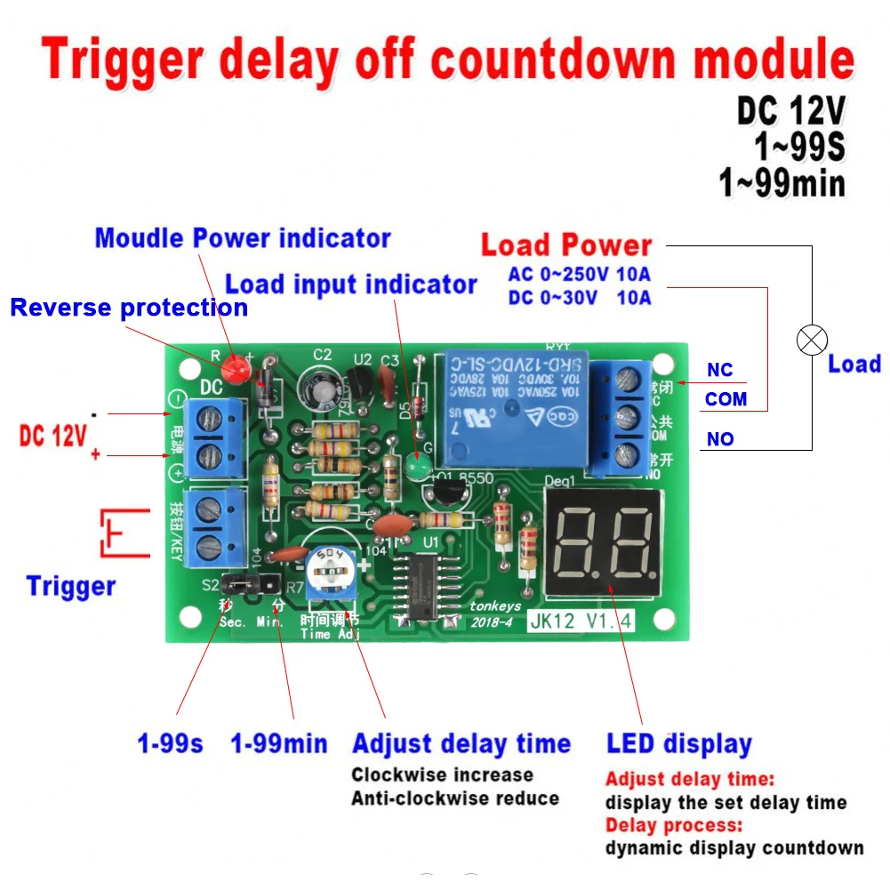 JK12-A-12V DC12V LED Display Countdown Timing Timer Delay Turn OFF Relay Switch Module