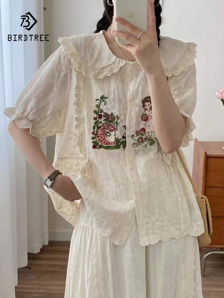 

New 2025 Summer Cotton Short Sleeve Shirt, Women Peter Pan Collar Embroidery Ruffles, Mori Girl Sweet Chic Loose Blouse T56124CC