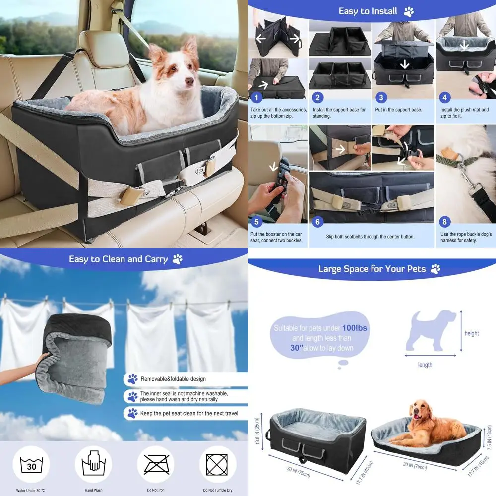 

Elevated Dog Car Seat with Safety Leash and Washable Cover for Large Medium Dogs up to 55 lbs (Black)