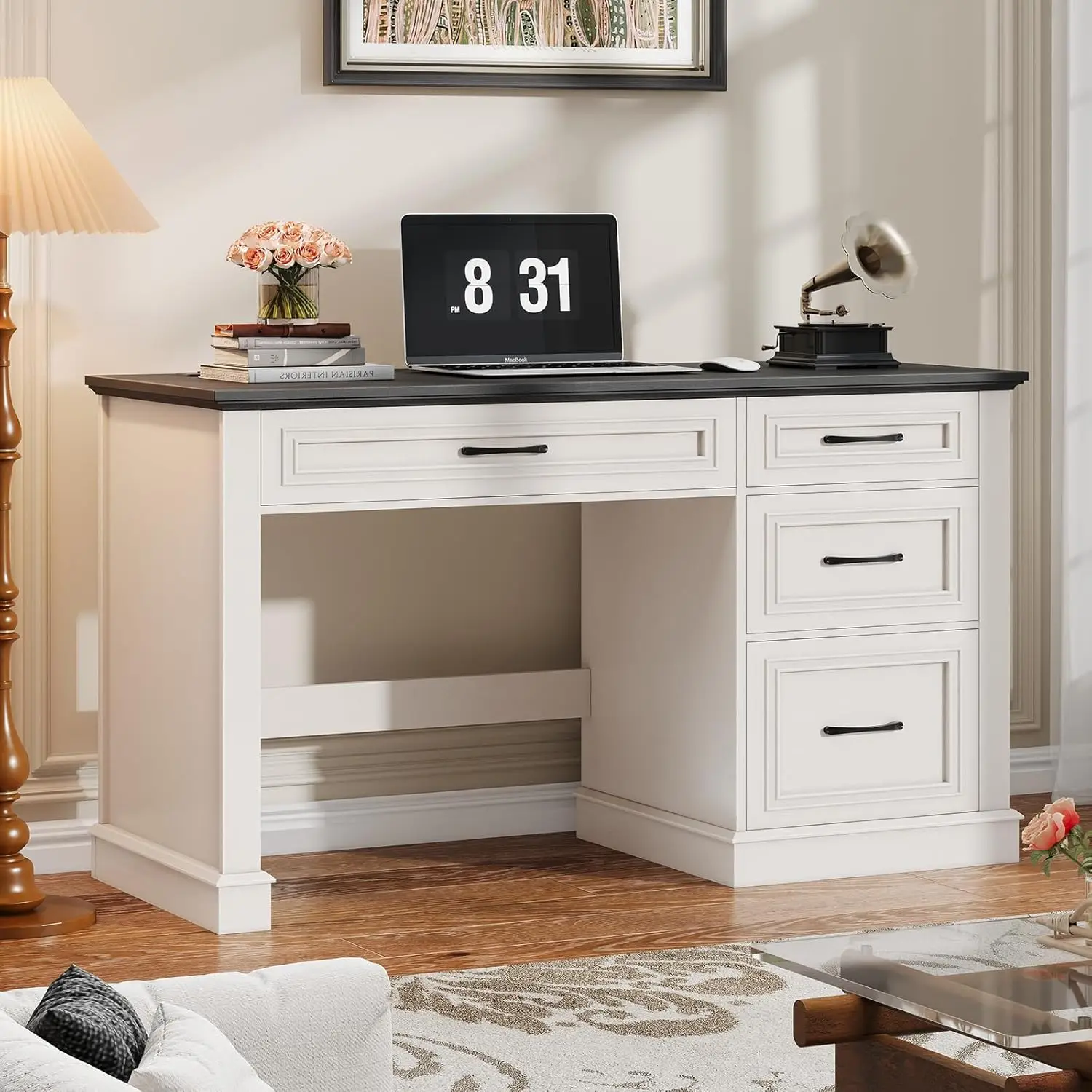 

Письменный стол Farmhouse 47 дюймов, компьютерный стол с ящиками и выдвижным ящиком для документов, рабочая станция с зарядной станцией