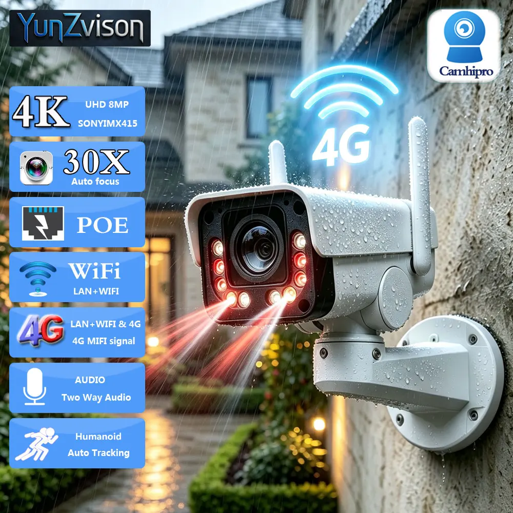 4K 8MP Bullet PTZ Wireless 3G 4G SIM Surveillance IP Camera Wifi 30X Zoom POE CCTV Two Way Audio Humanoid Tracking IR 100M