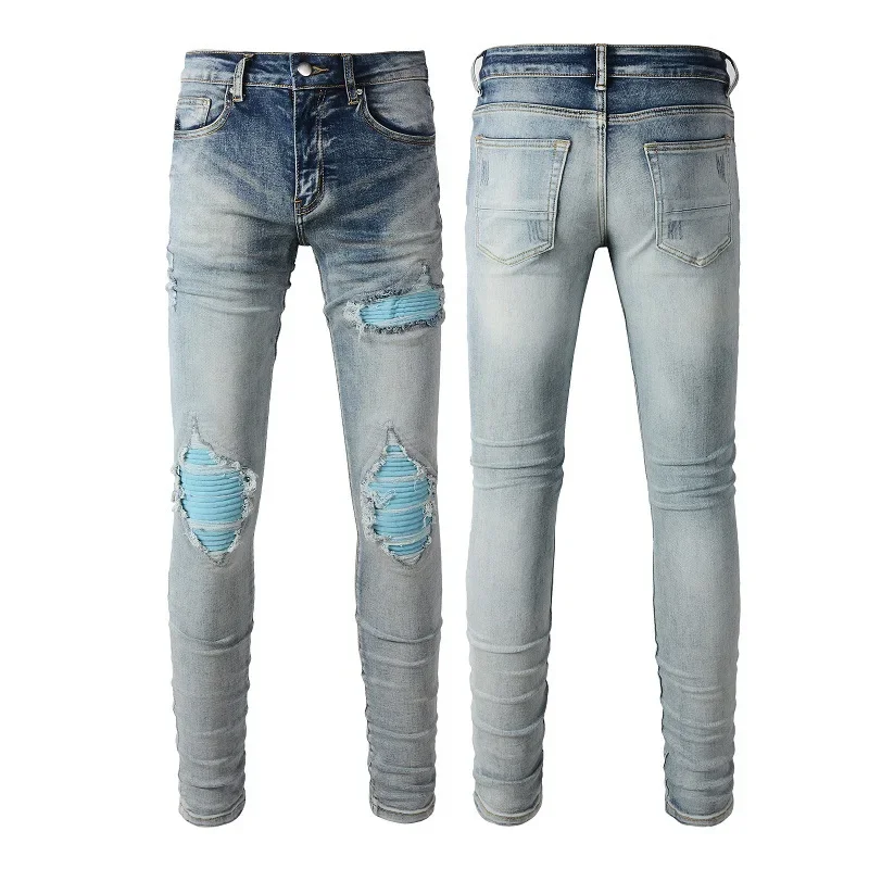 Pop High Street European And American Streetwear. New Men's Eye-catching Blue Patched Slim-fit Jeans With Holes For 2024.
