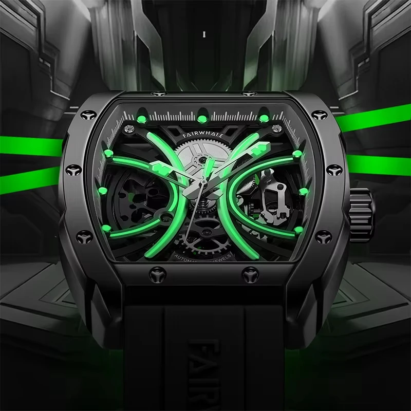 

Mark Fairwhale Luxury Men's Mechanical Watch Tonneau Skeleton Automatic Tourbillon Watch Silicone Strap Waterproof Fashion Clock