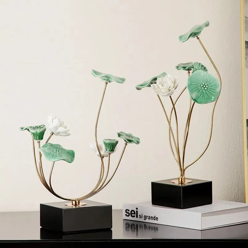 Metal Handicraft Ornaments Leaf Simulation Plant Sculpture Chinese Ceramic Statue Home Decoration Accessories Pots