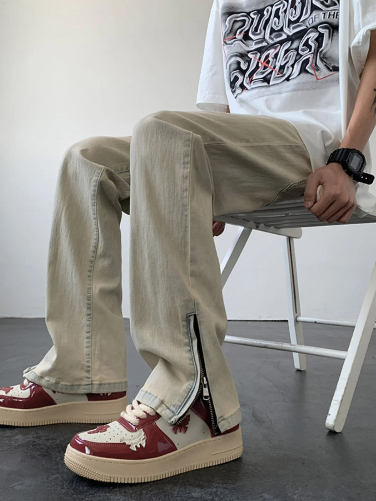 Men's High Waist Straight Leg Jeans Autumn Fashion Streetwear Design Zipper Split Yellow Mud Casual Trousers Trendy Brand