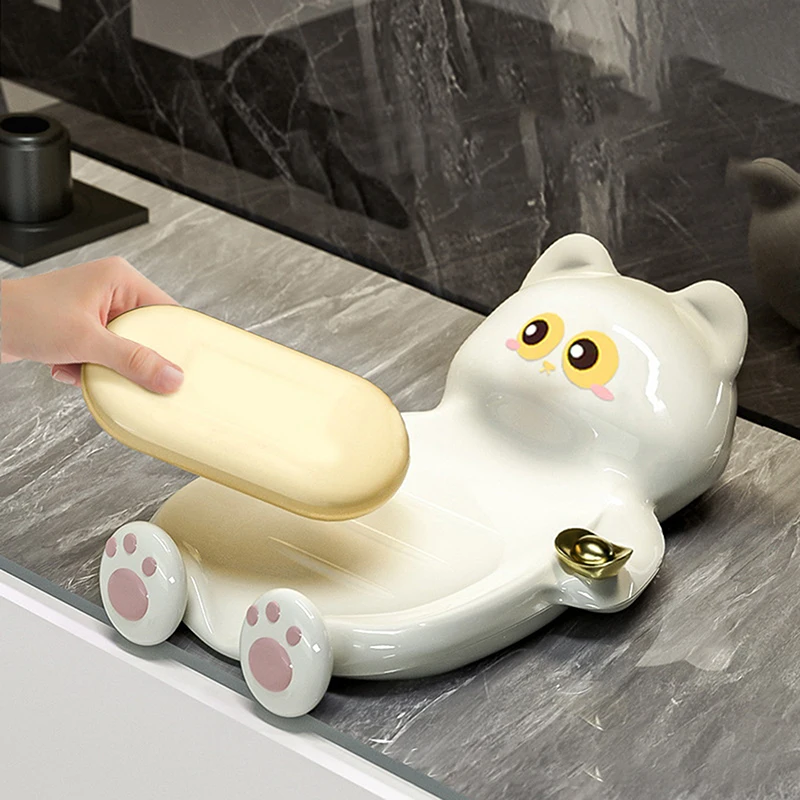 {MX} 幸運猫石鹸置き クリエイティブな水切り石鹸ホルダー 可愛い猫型石鹸皿 収納トレイ 浴室石鹸水切りオーガナイザー