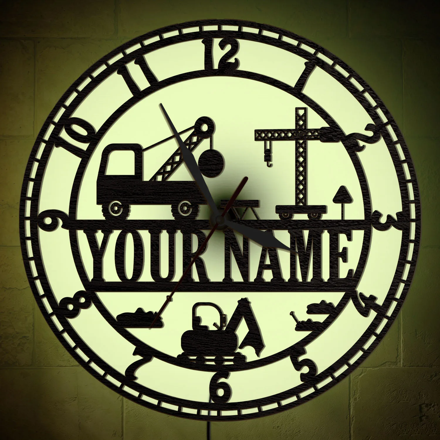 Custom Name Construction Machinery LED Wall Clock RGB Color Changing Light Excavator Crane Silent Wall Clock Builder Home Decor