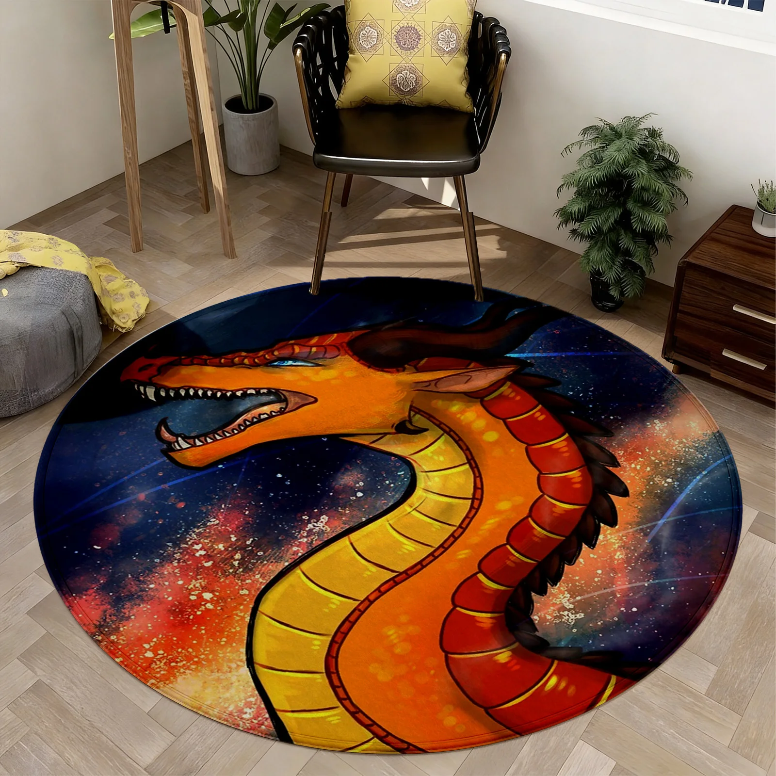 Large Round Galaxy Dragon Rug Modern Cosmic Space Animal Print Area Mat for Living Room Home Decor Accent Carpet