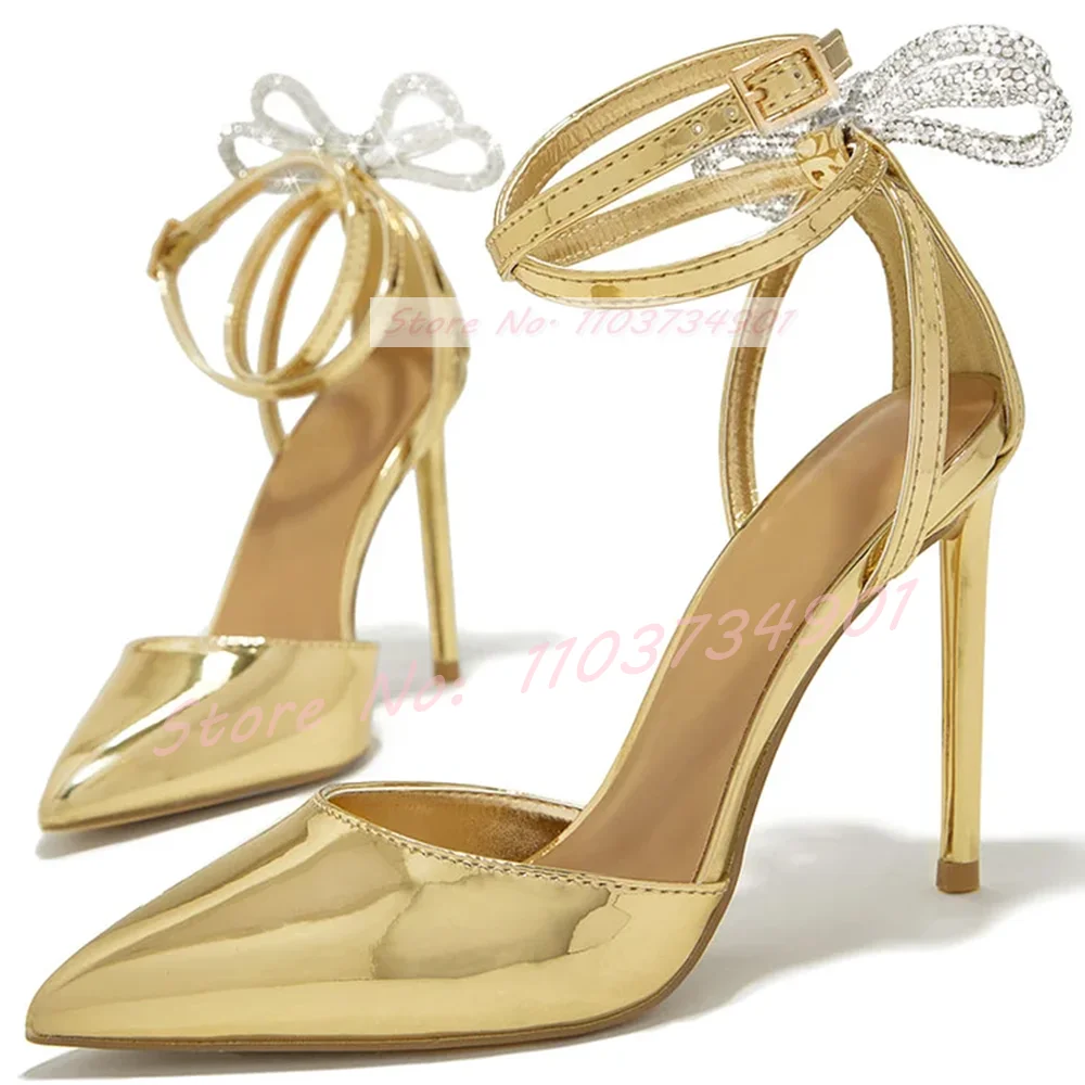 Gold Pointy Toe Crystals Bow-Knot Sandals Women Fashion Ankle Strap Metallic Heeled Shoes Elegant Shiny Leather Cover Heel Shoes