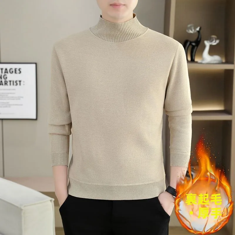 

Men's Thickened Fleece Lined Half High Collar Knitted Sweater Color Winter Fluffy Warm Fashionable Base Shirt