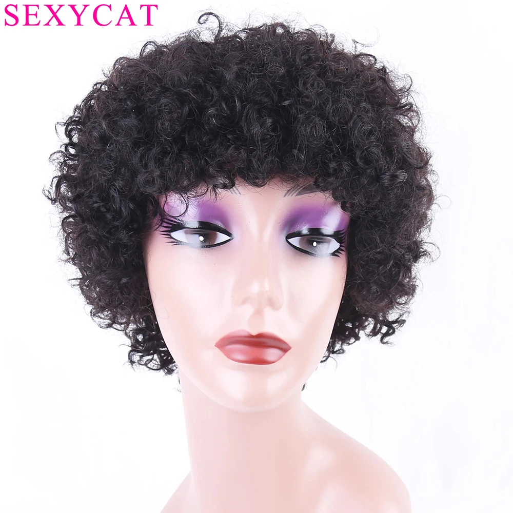 SexyCat wig potongan Pixie keriting rambut manusia 6 inci wig depan tidak ada renda pendek keriting rambut manusia hitam wanita warna alami