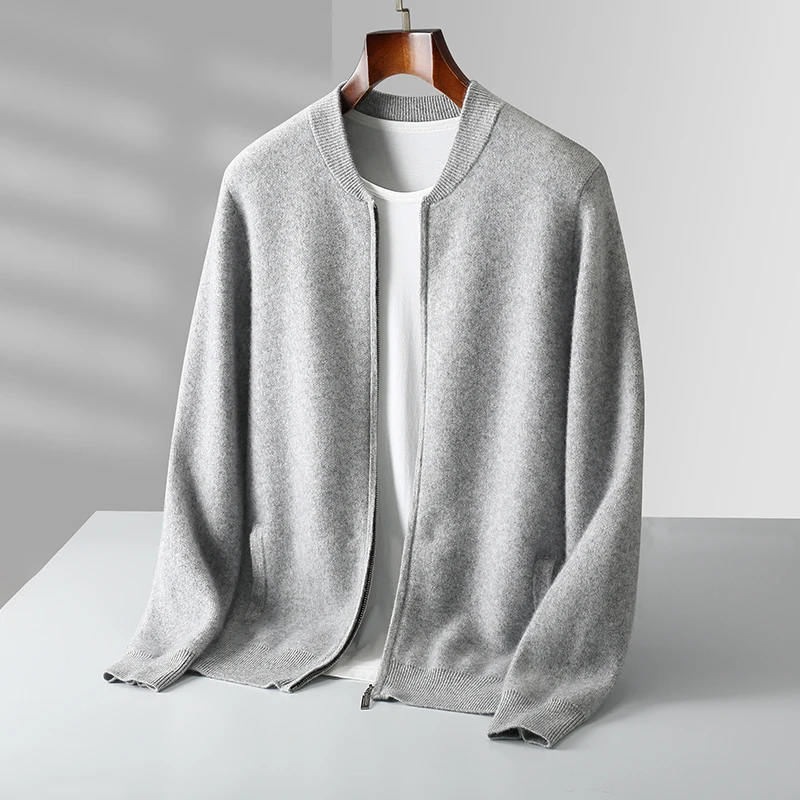 Minimalist Spring Autumn Men's Clothes 100% Merino Wool Zipper Cardigan Knitwear Cashmere Normcore Sweater Korean Basic Coat Top