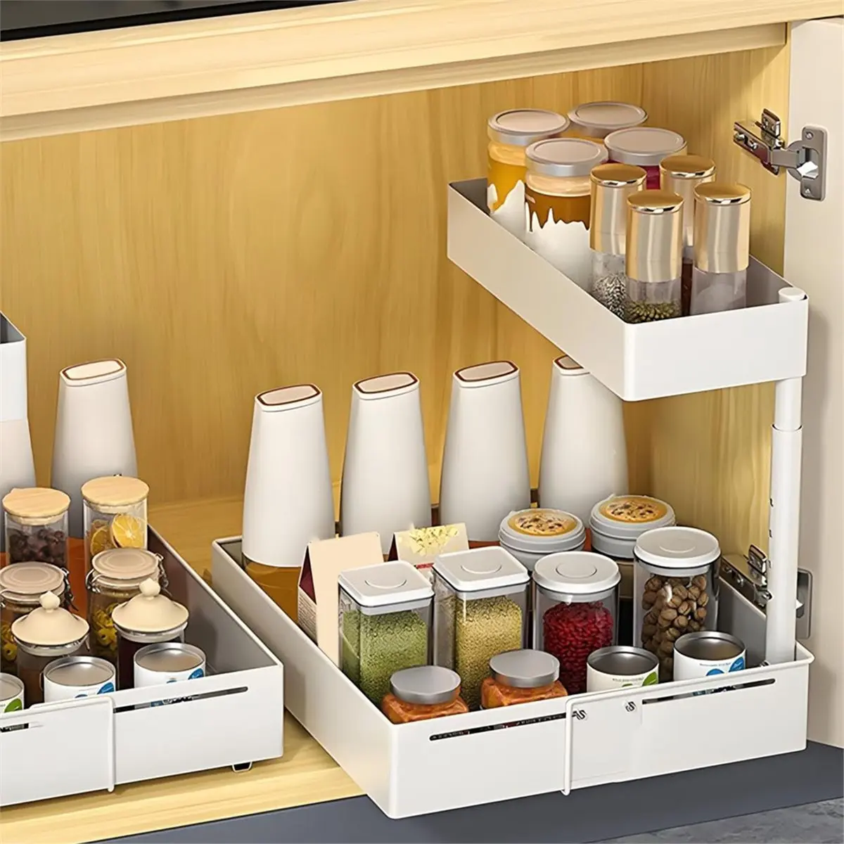 【AT48】 NEW 2 Tier Pull Out Cabinet Organiser,Height Adjustable Out Cabinet Drawer,Multi-Purpose Slide Out Storage Shelves