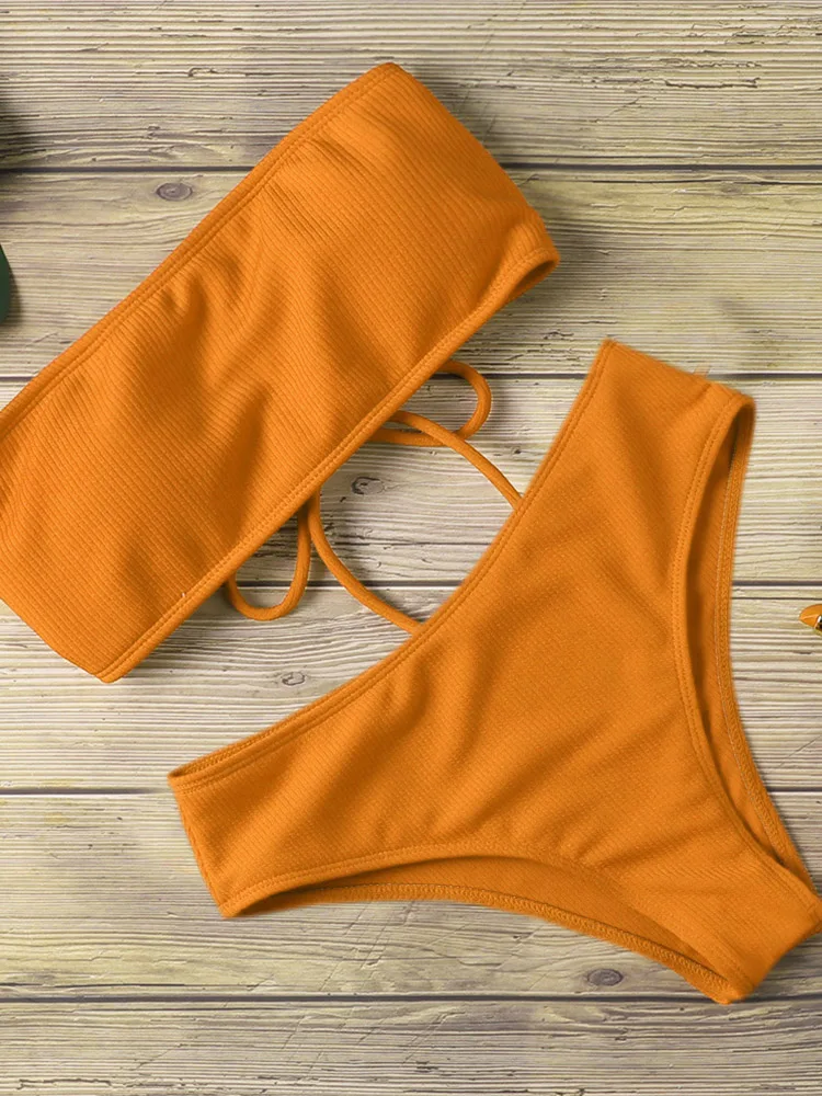 Bikini de cintura alta sin tirantes para mujer, bañador Sexy, traje de baño acolchado, de Color puro monokini, novedad de 2023