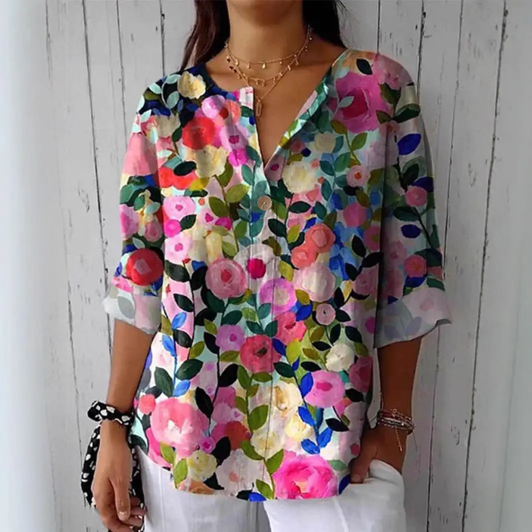 

Women's Casual Loose Fit Long Sve Printed irt Top Floral Pattern Polyester Fabric Faionable Ladies' Top