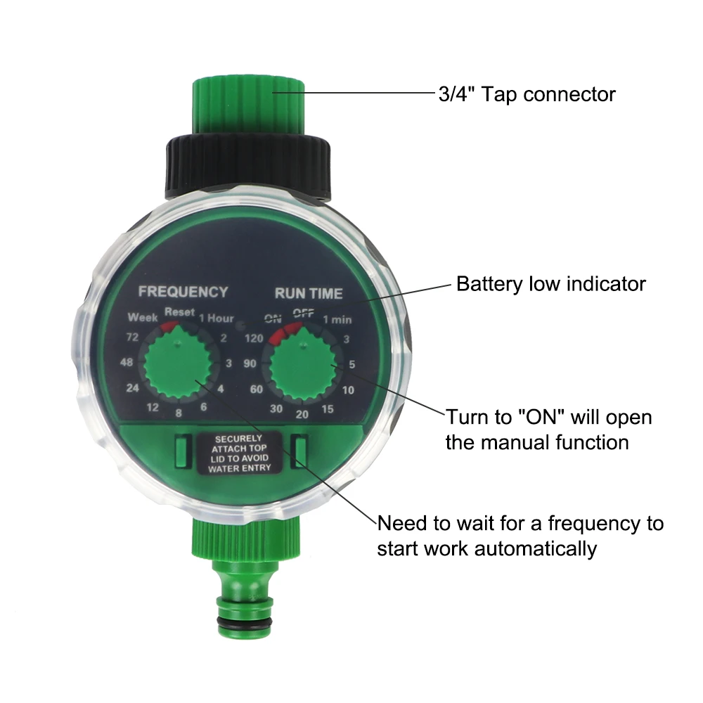 Válvula de bola Sistema de riego por goteo de dos esferas Temporizador electrónico de agua Controlador de riego automático de jardín Funciona con pilas verdes