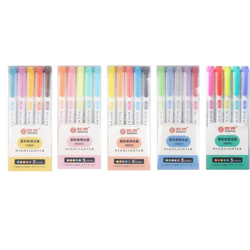 Imagen 2 del producto Rotulador fluorescente de doble cabezal, 5 colores, resaltadores de dibujo, bolígrafos artísticos japoneses DIY, papelería Pastel bonita