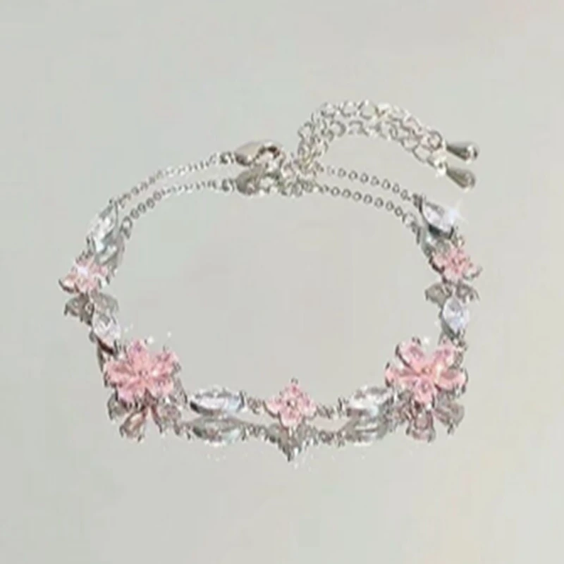 Braccialetto di fiori di ciliegio di nuova moda per le donne braccialetti di fascino di Bowknot di fiori rosa di zirconi lucidi braccialetti regali