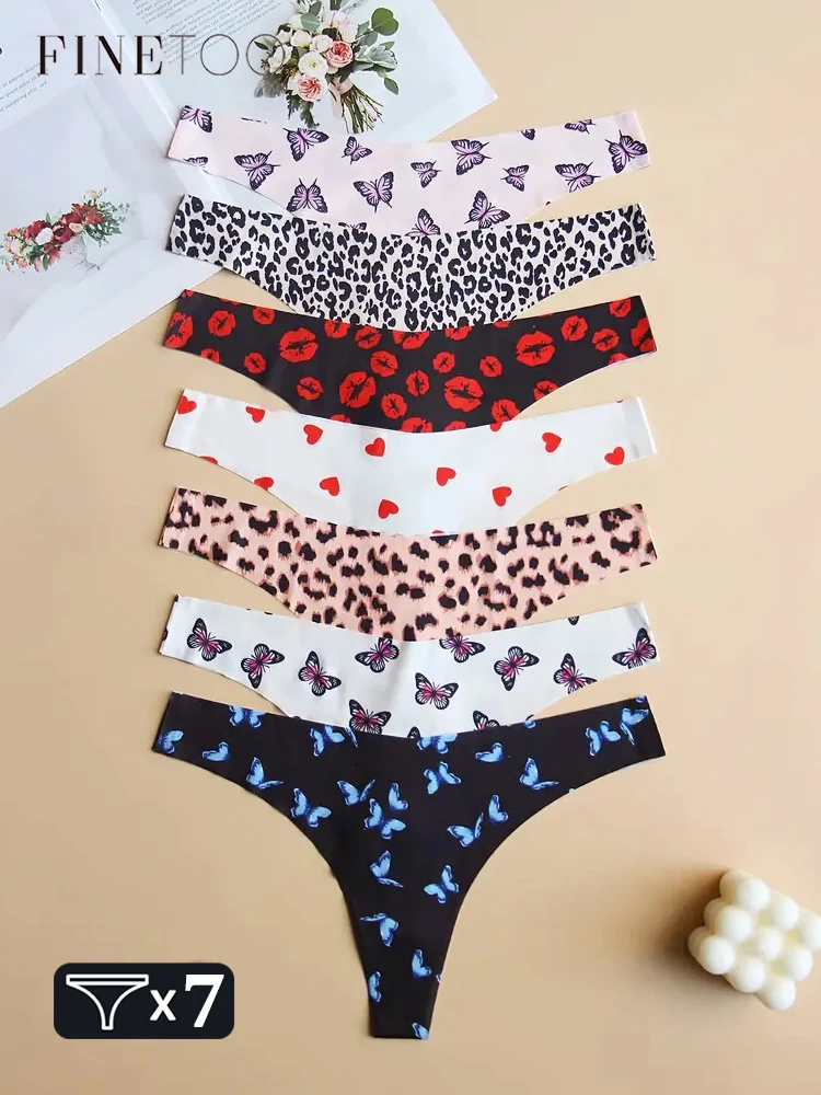 FINETOO 7-częściowy nadruk graficzny bezszwowa bielizna dla kobiet seksowne ultra miękkie stringi komfort Leopard oddychające majtki bielizna