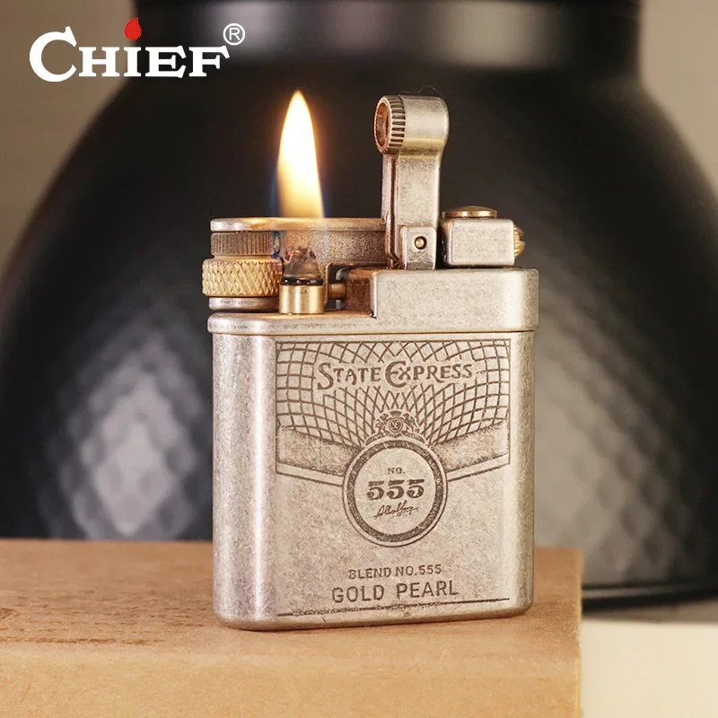 

CHIEF Retro Semi-automatic Side Pulley Kerosene Lighter Pure Copper Grinding Wheel Open Flame Cigarette Lighter Men's Gift