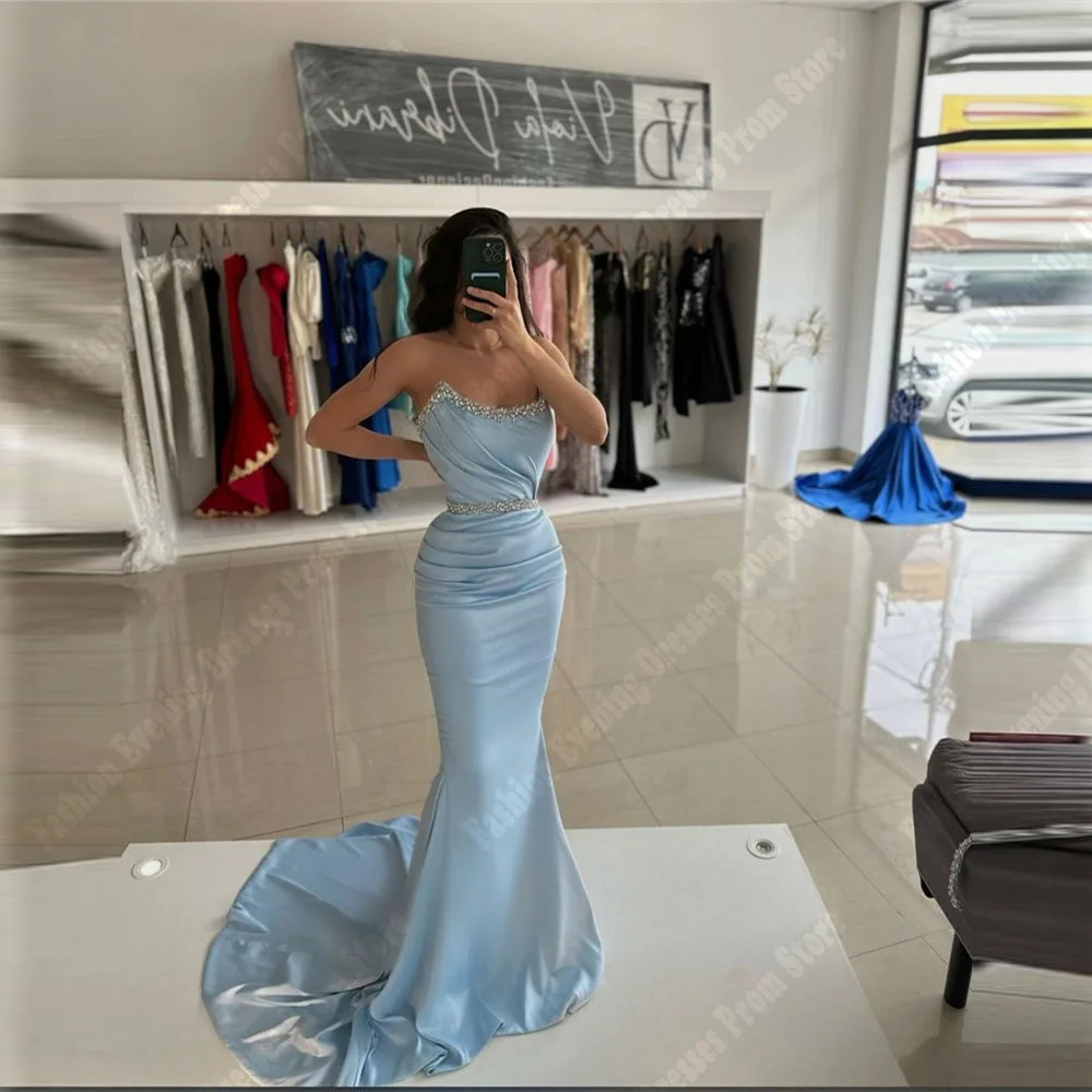 Eleganti abiti da sera a sirena da donna blu abiti da ballo senza maniche in raso Sexy lunghezza della pulizia stagione di laurea Vestidos De Noche