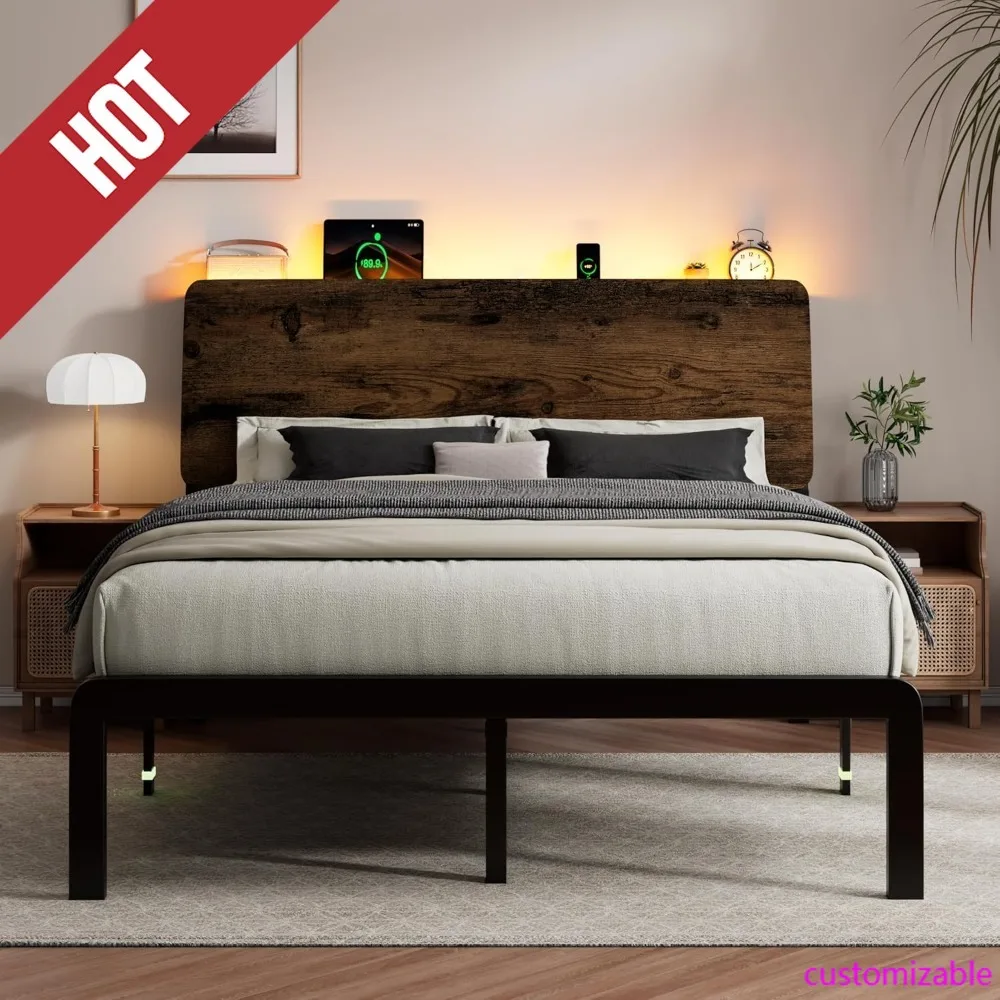 

HOT-iPormis Queen Metal Bed Frame With LED Lights & Charging Station, Platform Bed With Ergonomic Storage Headboard, Steel Slats