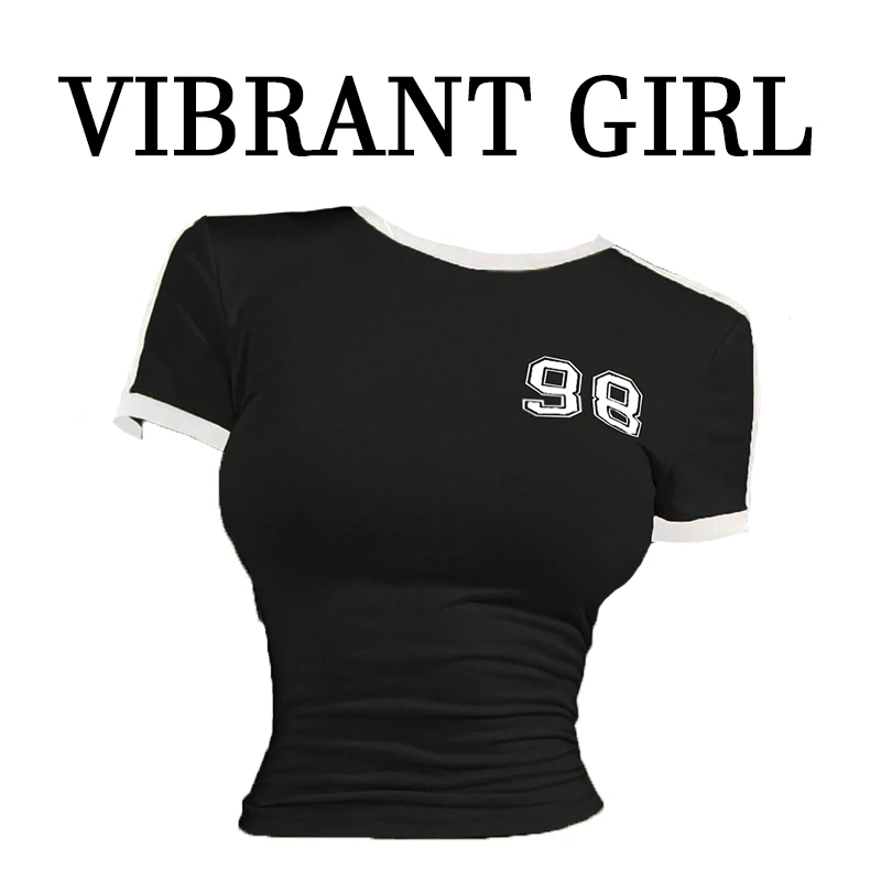 

Korean version of spring and summer T-shirt with contrasting colors, slim fit, sexy, dark gothic hip-hop style printed top