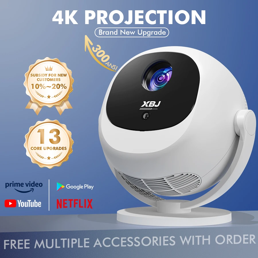 Image of XBJ 4K Mini-Projektor, Tragbarer Projektor mit Android Bluetooth 6.0, Auto-Keystone HDMI USB Heimkino-Deckenprojektor