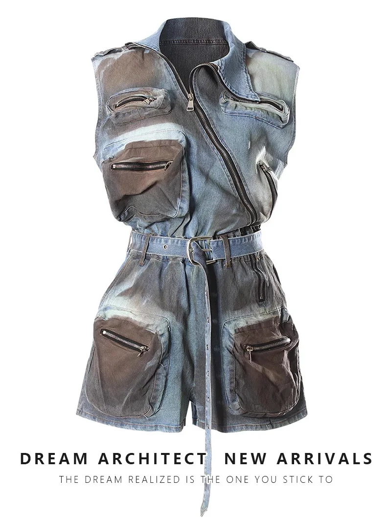 Retro American Cool Desert Sle Wide Leg keted Overalls orts Women Summer High Waist Cotton Workwear Jumpsuit