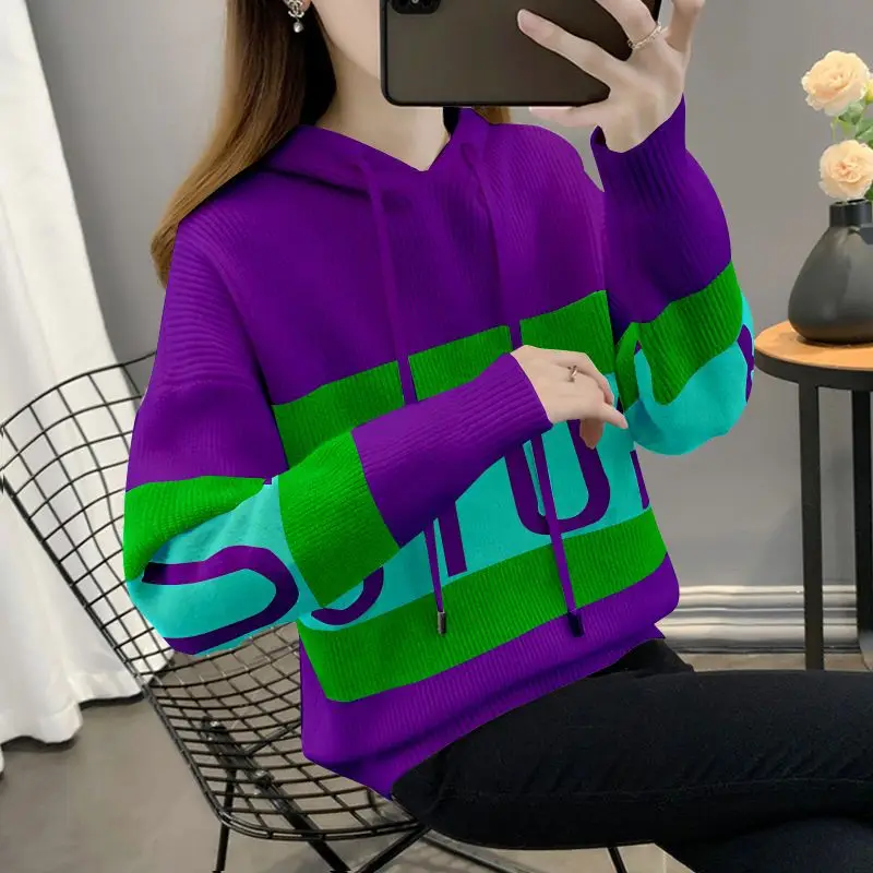 2023 New Autumn Winter Hooded Sweater Women's Fashion Knitwear Loose Casual Comfortable Versatile Colorful Hooded Top