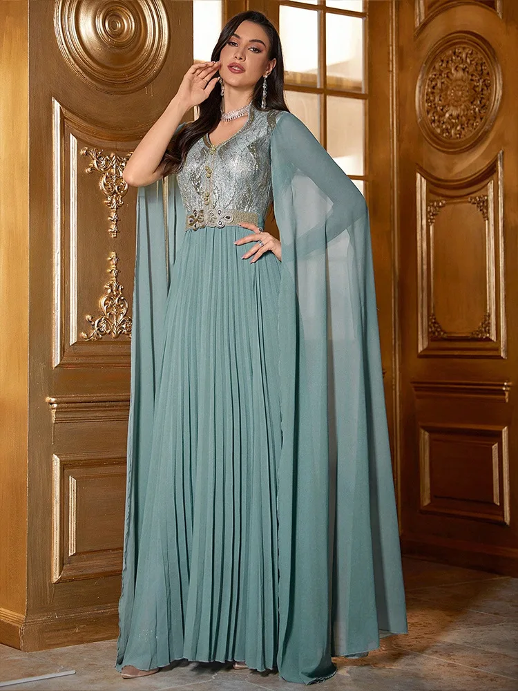 Dubai Women Evening Dress Chiffon Extra Long Cape Sleeve Abaya Muslim Turkey Moroccan Caftan Kaftan Femme Party Gowns Vestidos