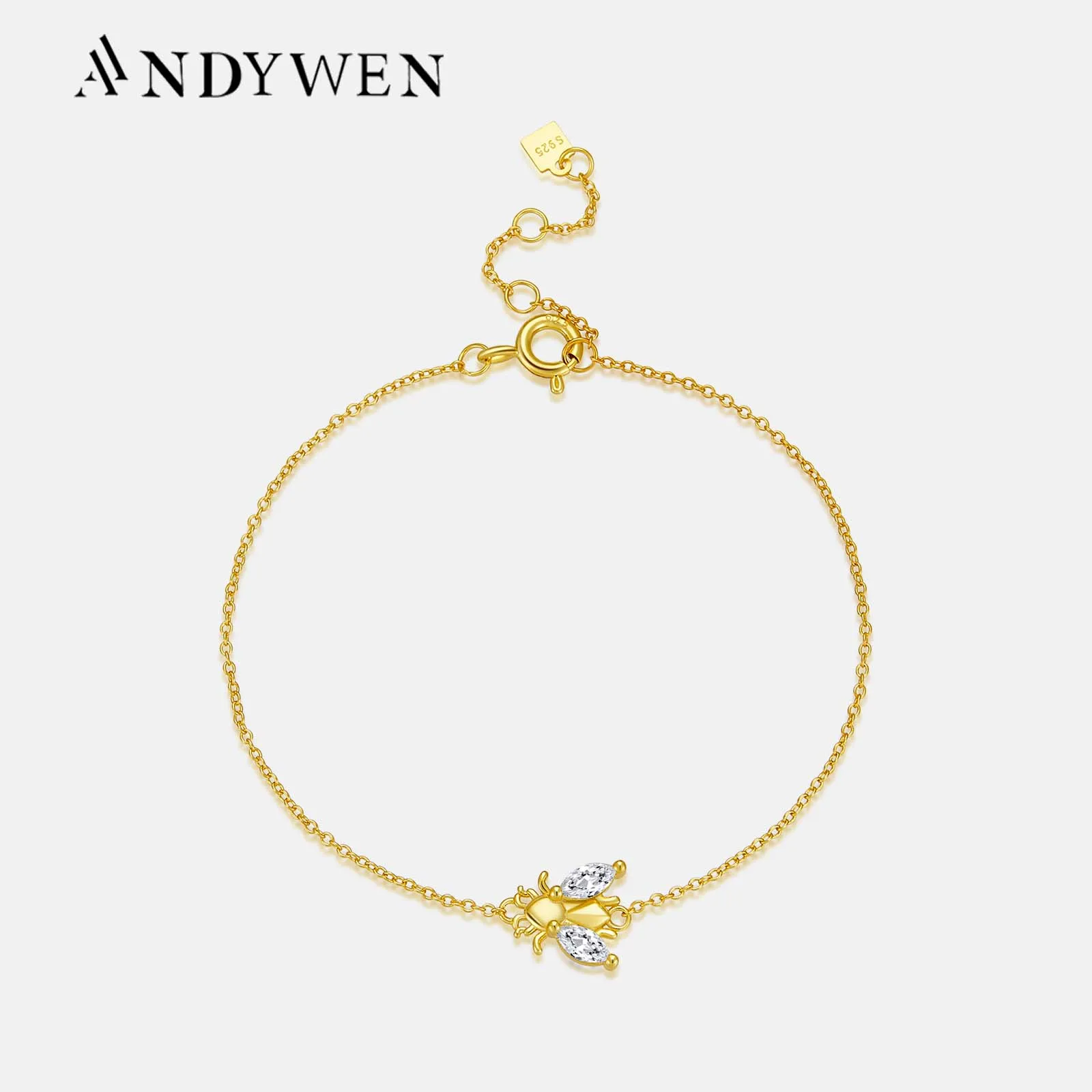 

ANDYWEN 2021 New 925 Sterling Silver Gold Clear Bees Bracelet Chain Jewelry Fashion CZ Zircon Simple Light Bangle Jewelry Gift