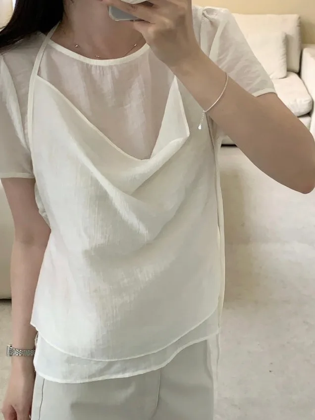 Elegant round Neck Two-Piece Set Shirt for Women Unique Beautiful Fairy-Like Tie-Detail Short Sleeve Korean Style Summer Fashion