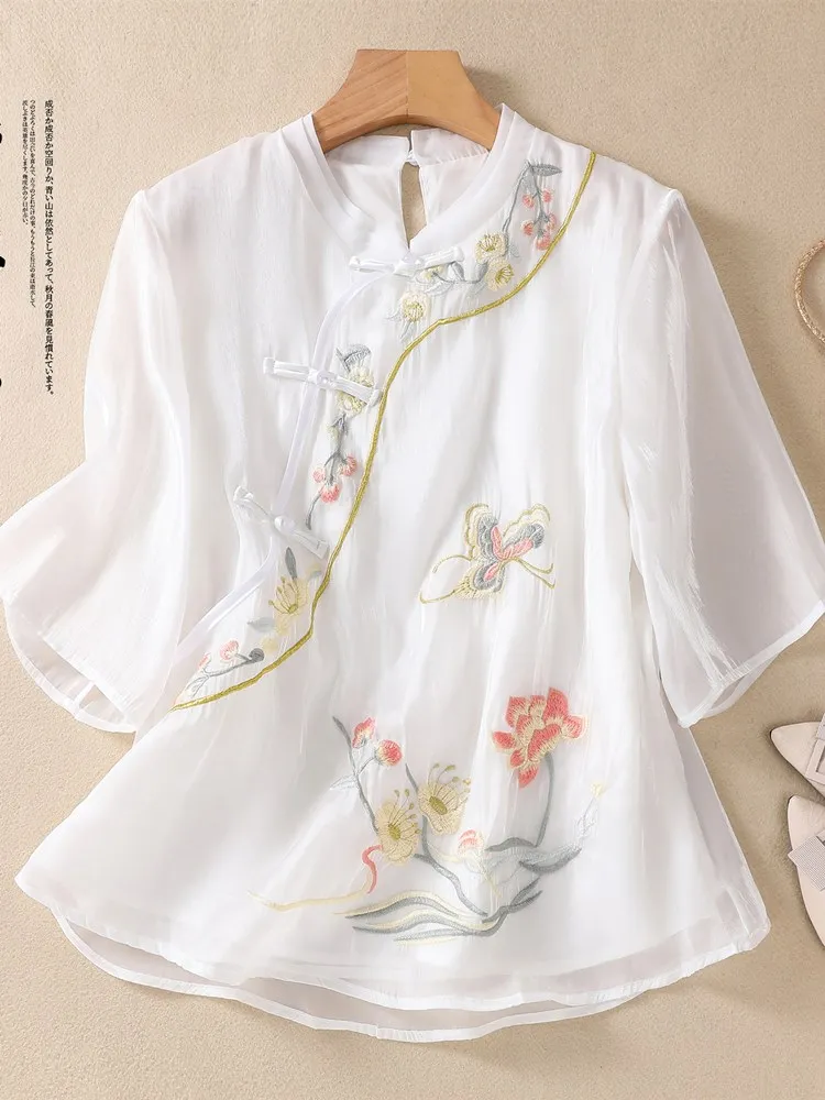 

Ele Embroidered European Tulle Women's irt Summer 2025 New Version Tang Costume Sle Button up Chiffon Top