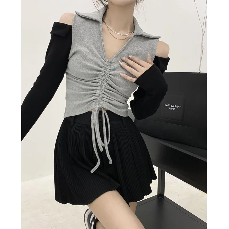 Y2K Drawstring Short T Shirts Spring New Long Sleeve Contrast Patchwork Off Shoulder Lacing Tops Sexy Fashion Women Clothing