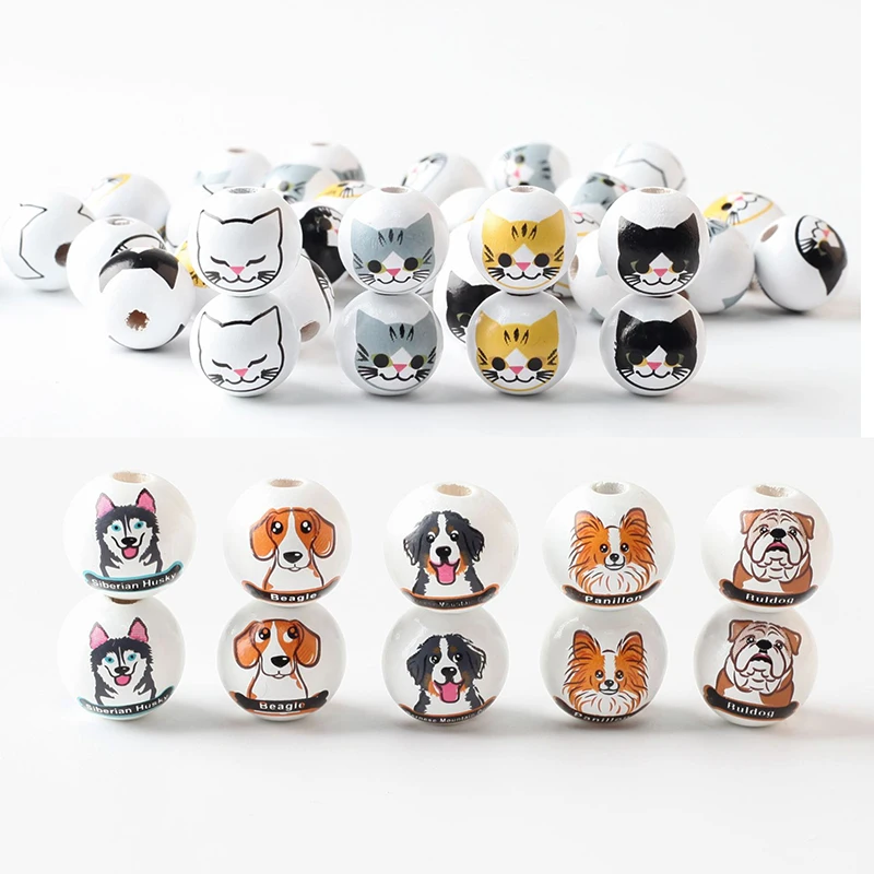 20Pcs DIY Animal cat dog pet painted wood beads Children's Educational Handmade Custom Crafts Decorations Baby Toys Accessories