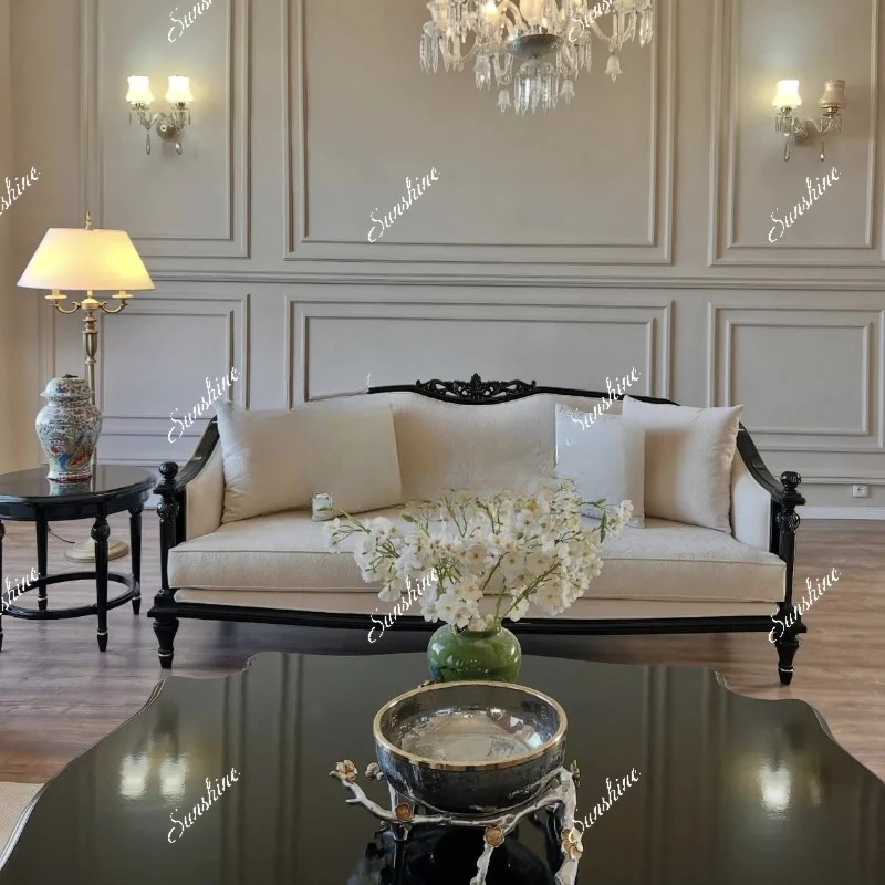 French solid wood retro living room casual single jacquard fabric piano paint carved sofa