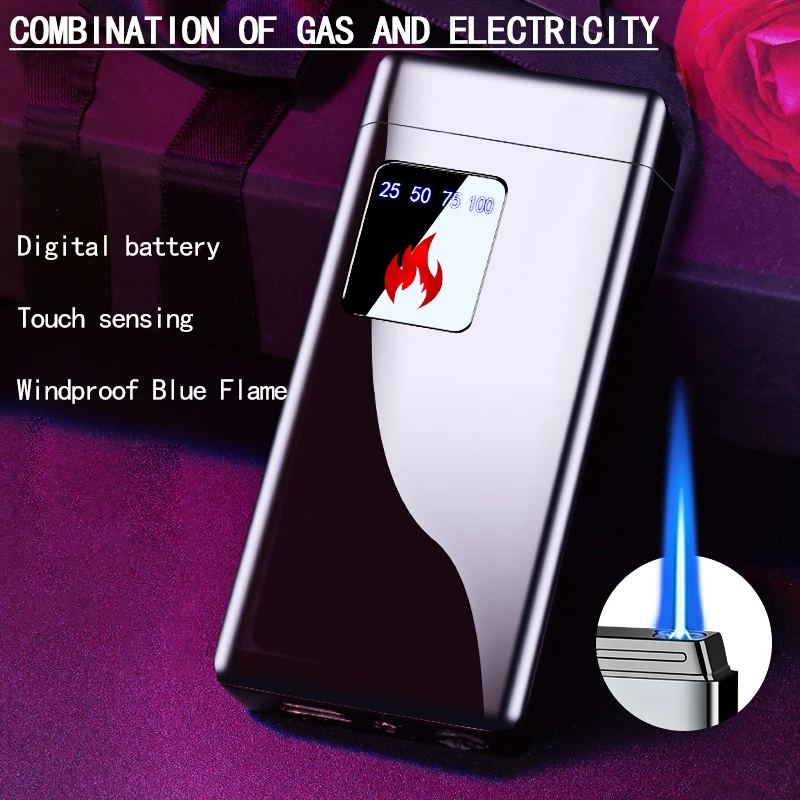 Electricity Blue Flame Ice Plating  Digital Display Power Touch Sensor Windproof Jet Cigar Torch Lighter Without Gas