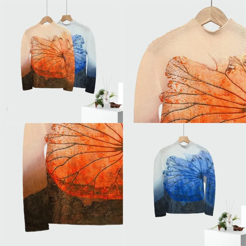 

Miyake Pleated 2025 Bottoming Shirt Women's Fashion Inside The Print Temperament Loose Half-high Neck Long-sleeved T-shirt