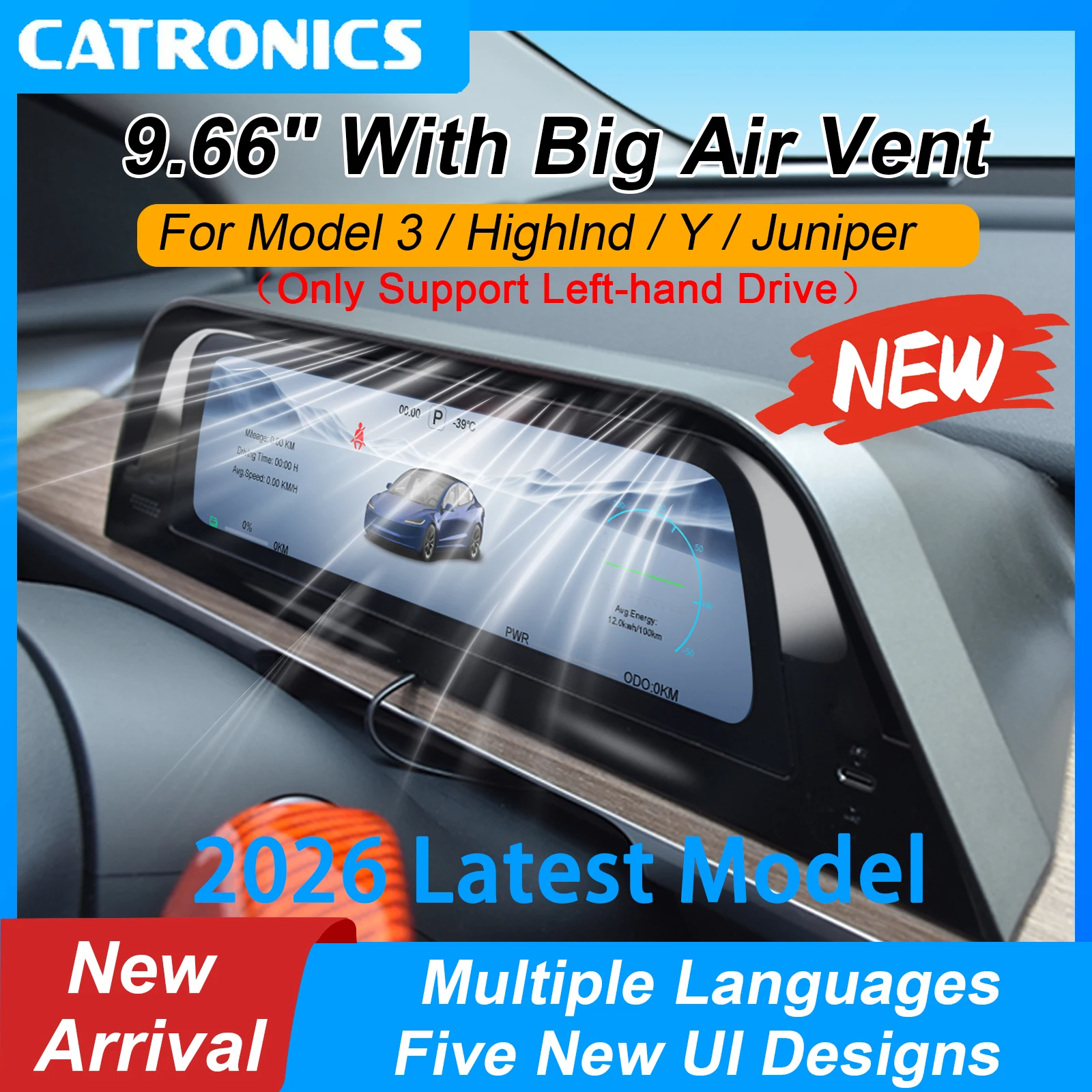 

For Tesla 9.6" Big Air Vent Dispaly For Model 3 Highland 2024-2026 & Y Juniper 2025-2026 New HUD Support Carplay Multilingual