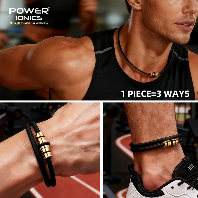 POWER IONICS Dark Warrior Black Gold High Anions Silicone Unisex Necklace 3-in-1 Wearable Design- Boost Energy & Health