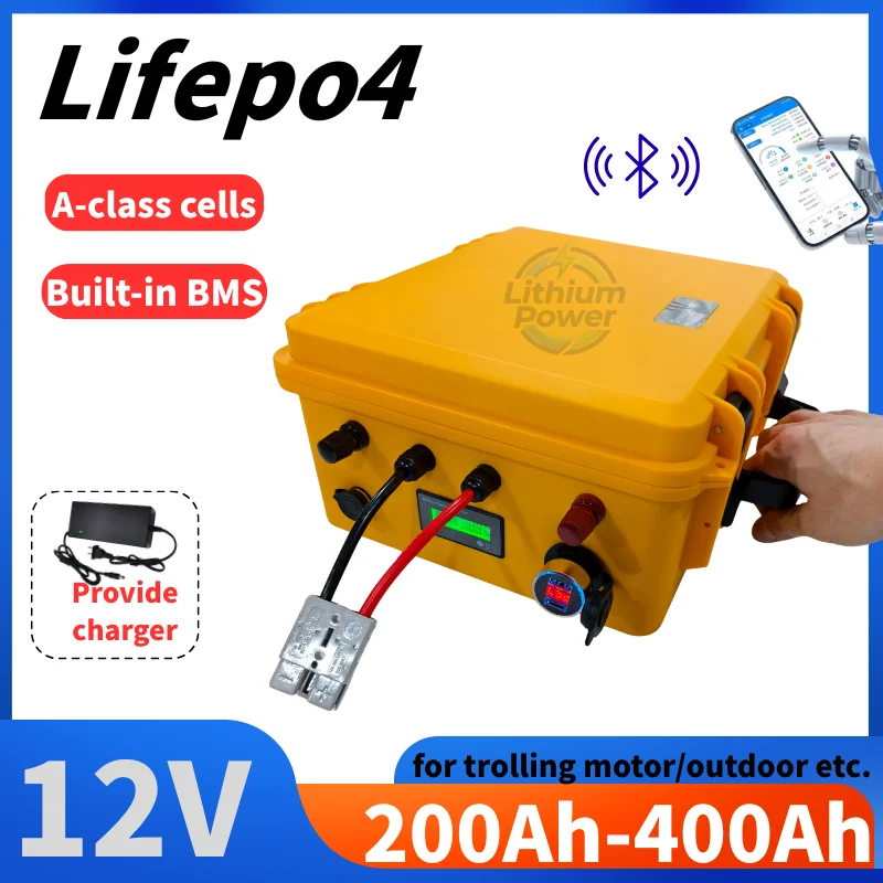 LiFePO4 Lithium Battery 12V 100AH-400AH High Capacity Long-Lasting for 1000W Trolling Motor Solar Panel RV Outdoor Use