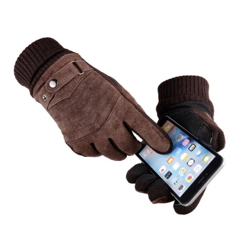 Gloves Men's Winter Cycling Motorcycle Windproof Cold Insulation Warm Leather Touch Screen Anti-Slip Thick Pile