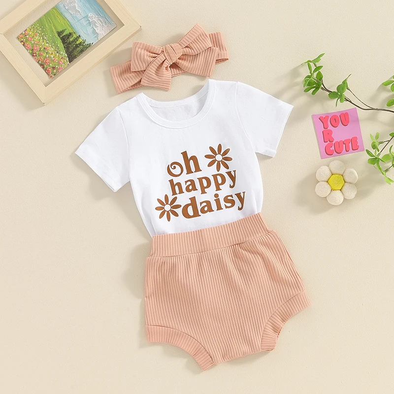 

Baby Girl Summer Outfits Letter Flower Print Short Sleeve Rompers Elastic Waist Shorts Headband 3Pcs Clothes Set 0-18M