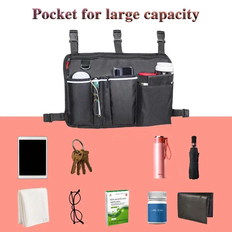 Wheelchair Side Armrest Bag Wheelchair Storage Bag Reflective Strip Magic Tape Hanging Bag Baby Cart Side Bag Walker Pouch〔San〕