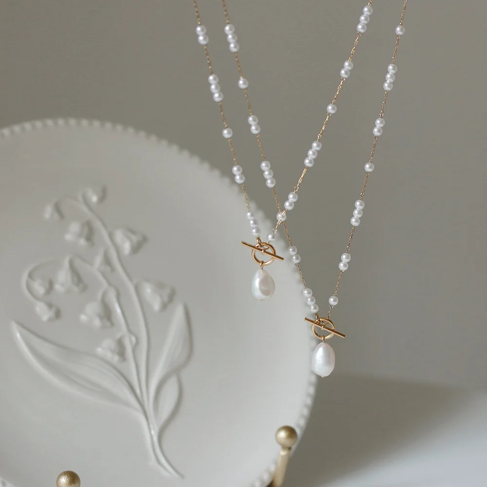 Stainless Steel Long Simulated Pearls Chain Necklace for Women Elegant Natural Baroque Pearl Pendant Necklace Gift