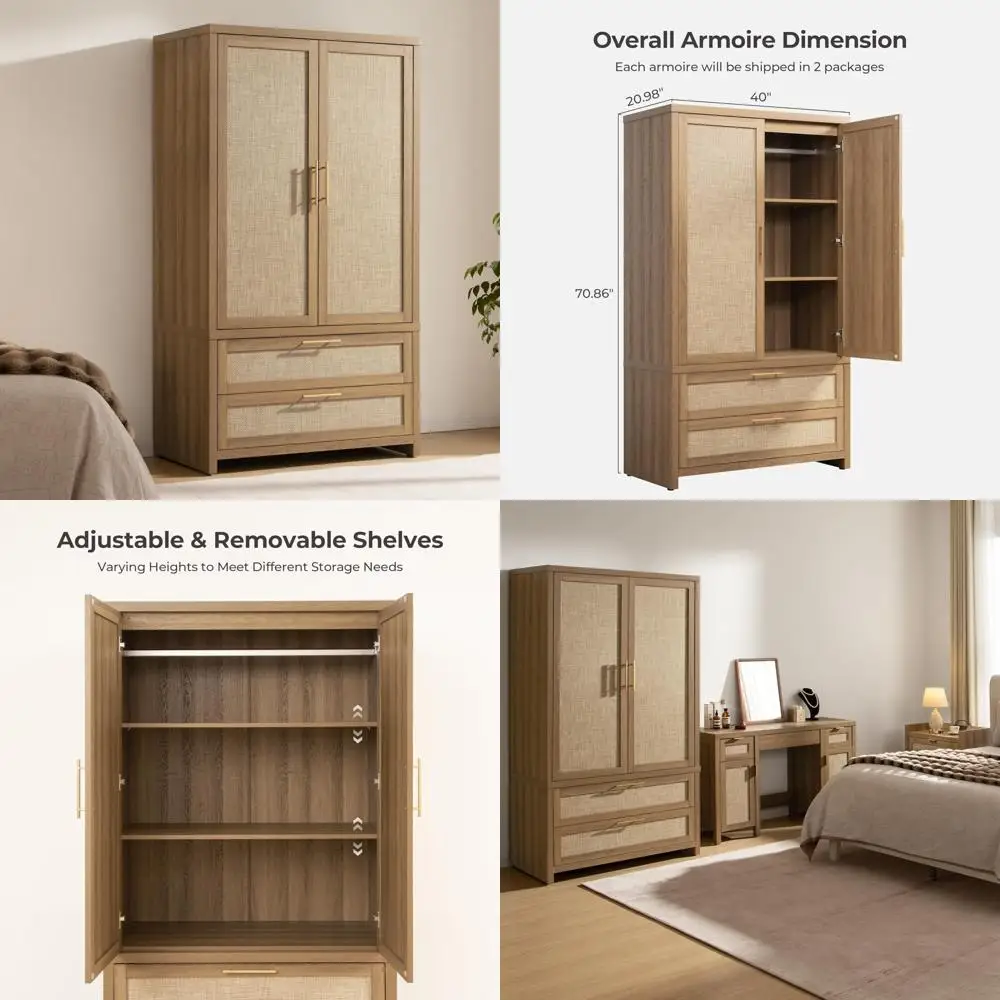 خزانة تخزين كبيرة لخزانة الملابس من الروطان بطول 71 طويلًا مع أبواب وأدراج وقضيب تعليق، منظم على الطراز البوهيمي