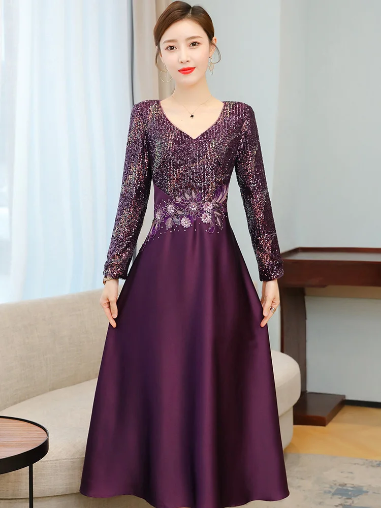 Mother Of The Bride Dresses Long Sleeve Sequin Embroidery Appliques Elegant Dress Women For Wedding Party Female Formal Dresses