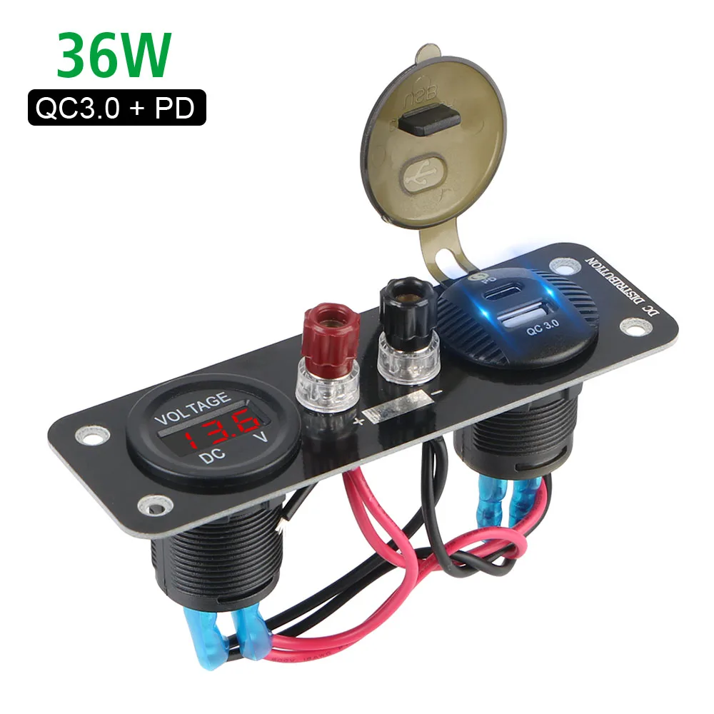 Power Adapter Outlet for Car Boat Marine Motorcycle Scooter 36W QC 3.0 & PD Usb Car Charger Voltmeter Terminal Connector 12V